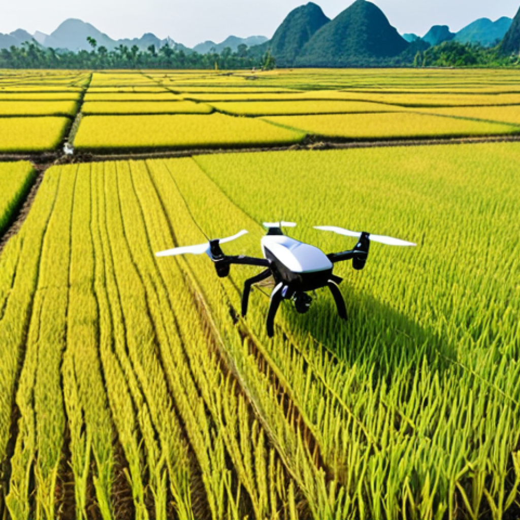 **

A modern Vietnamese rice farm showcasing AI-powered drones monitoring the fields and optimizing irrigation. Happy farmers use tablets, reviewing data insights, with a bright, hopeful atmosphere. The scene emphasizes technology improving traditional farming methods.

**