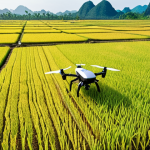 **

A modern Vietnamese rice farm showcasing AI-powered drones monitoring the fields and optimizing irrigation. Happy farmers use tablets, reviewing data insights, with a bright, hopeful atmosphere. The scene emphasizes technology improving traditional farming methods.

**