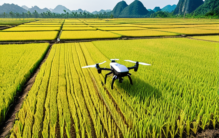**
A modern Vietnamese rice farm showcasing AI-powered drones monitoring the fields and optimizing irrigation. Happy farmers use tablets, reviewing data insights, with a bright, hopeful atmosphere. The scene emphasizes technology improving traditional farming methods.
**