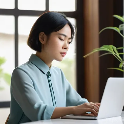 자동화 대응을 위한 인재 개발 프로그램 - A focused young Vietnamese woman, in her late 20s, with short, neat hair, sits at a contemporary, mi...