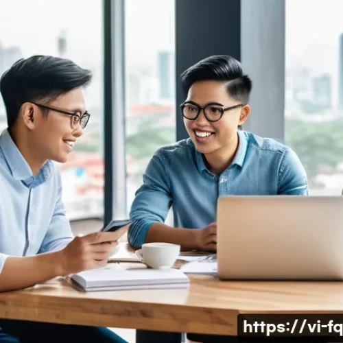 직업 전환과 관련된 커뮤니티의 역할 - A diverse group of Vietnamese professionals gathered in a modern coworking space, engaging in lively...