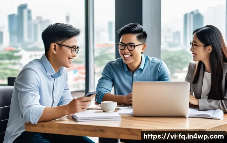 직업 전환과 관련된 커뮤니티의 역할 - A diverse group of Vietnamese professionals gathered in a modern coworking space, engaging in lively...