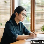 Home 20 직업 전환 중 발생하는 도전 과제 - A professional Vietnamese woman in her early 30s sitting at a modern home office desk, focused on wr...