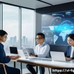 Home 19 자동화 대응 직업 전환의 전략적 접근 - A modern Vietnamese office scene featuring diverse young professionals wearing business casual attir...