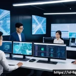 Home 18 자동화 대응 직업 전환의 성공 사례 분석 - A modern Vietnamese office environment showing diverse young professionals collaborating on automati...