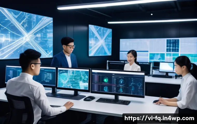 자동화 대응 직업 전환의 성공 사례 분석 - A modern Vietnamese office environment showing diverse young professionals collaborating on automati...