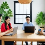 Home 23 AI와 자동화가 바꾸는 일자리의 미래 - A modern Vietnamese office scene featuring a diverse group of professionals collaborating remotely u...