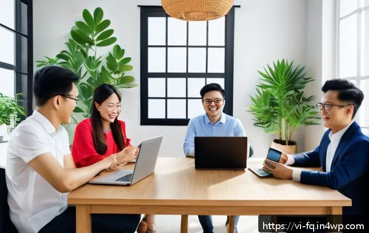 AI와 자동화가 바꾸는 일자리의 미래 - A modern Vietnamese office scene featuring a diverse group of professionals collaborating remotely u...